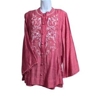 Soft Surroundings Kateri Sutiache Embroidered Top Fuchsia Pink Large Boho Tunic